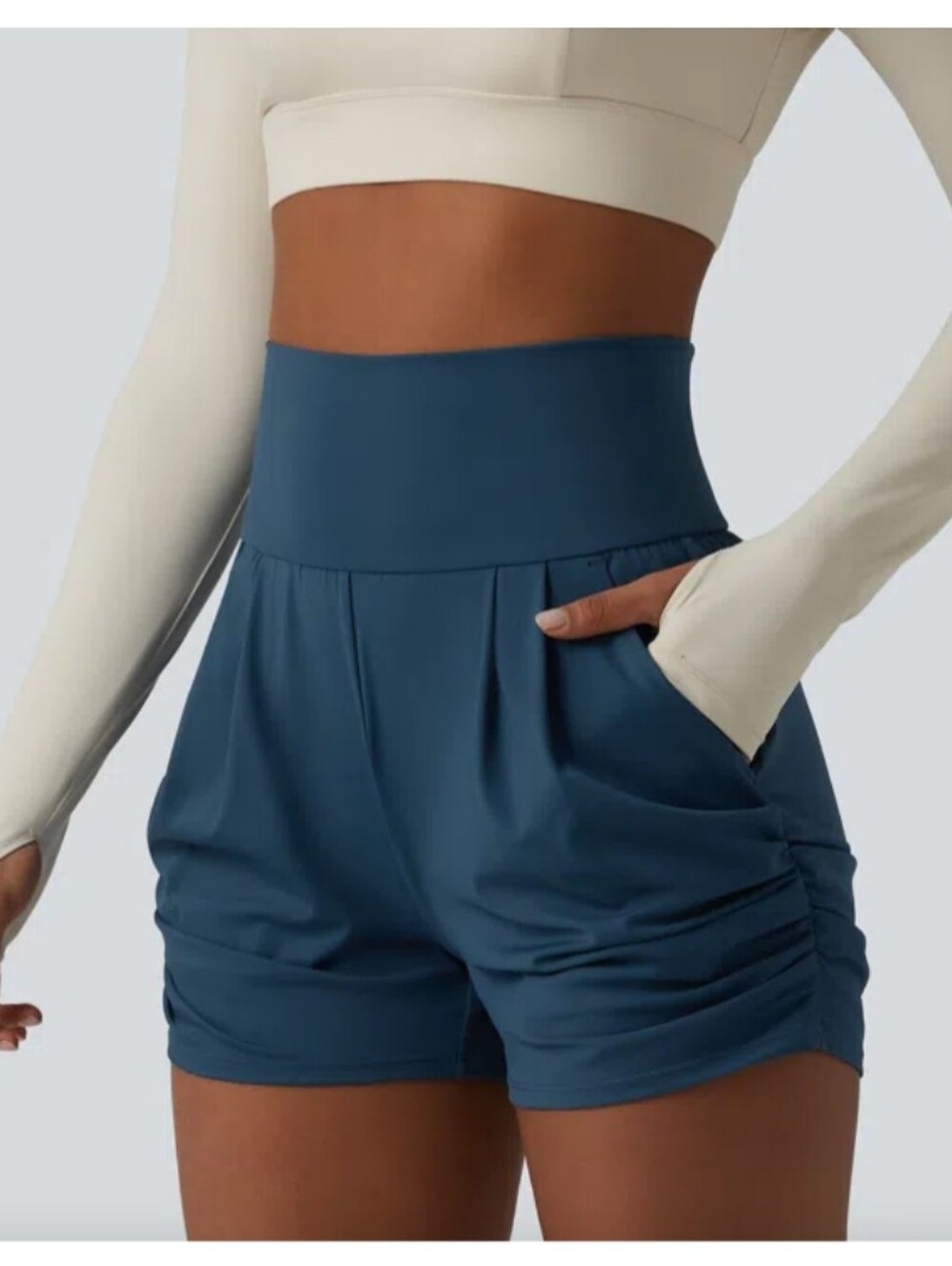 SoftlyZero Airy High Waisted Ruched Instant Cool Yoga 3" Short,Majolica Blue